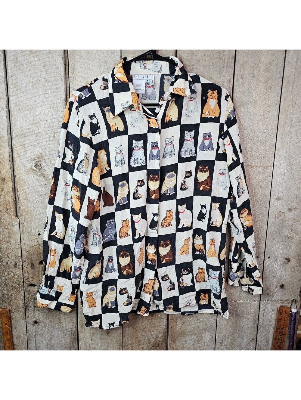 PIANO 100% Silk Blouse M Women's Cat Print Long Sleeve Button Up Shirt Vintage